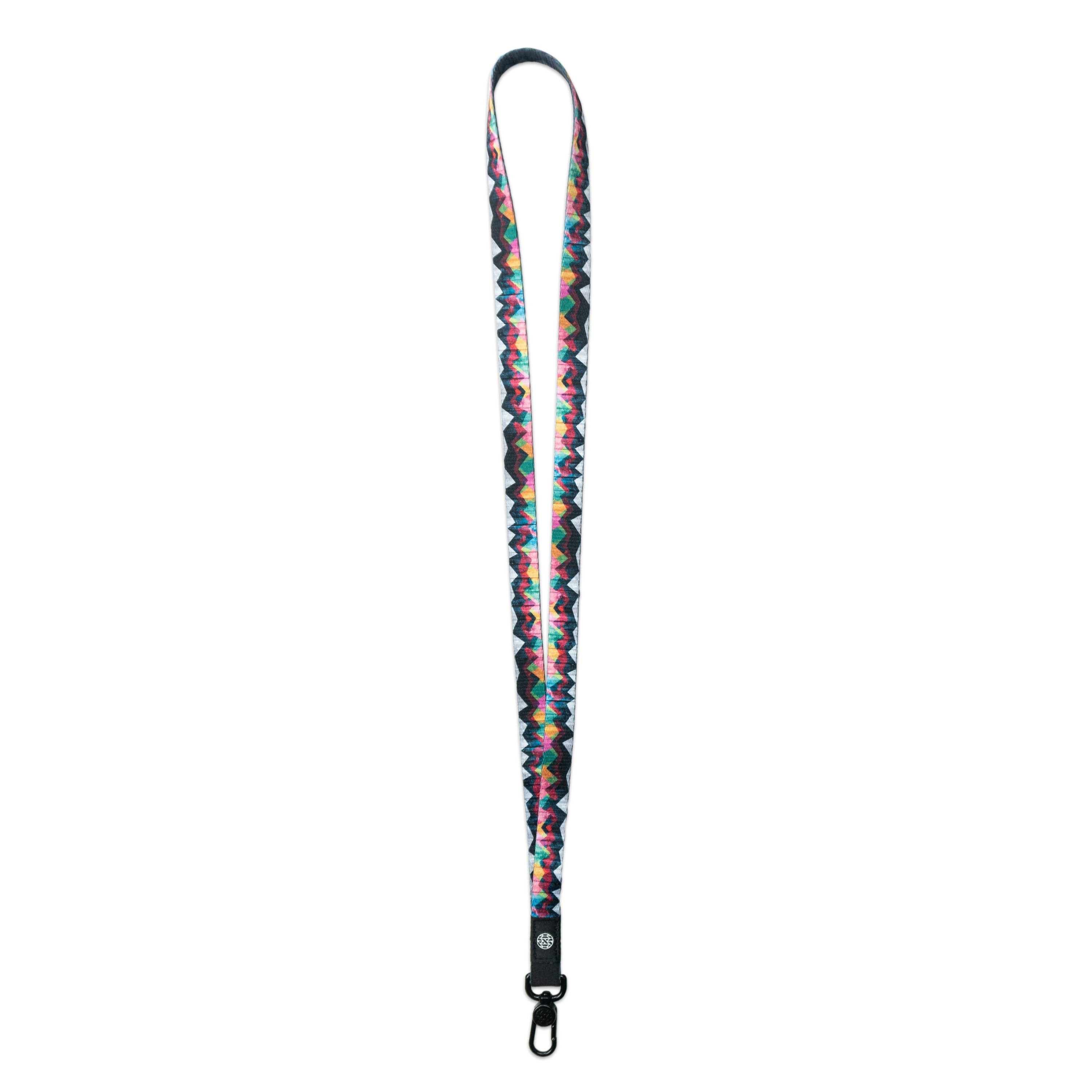 A product image of a ZOX lanyard showing the front of the design with a black colored metal clip. The lanyard is called Mountains To Molehills and the design is an geometric mountain range with mainly different colors such as blue, grey, blue, green, orange, yellow, and pink 