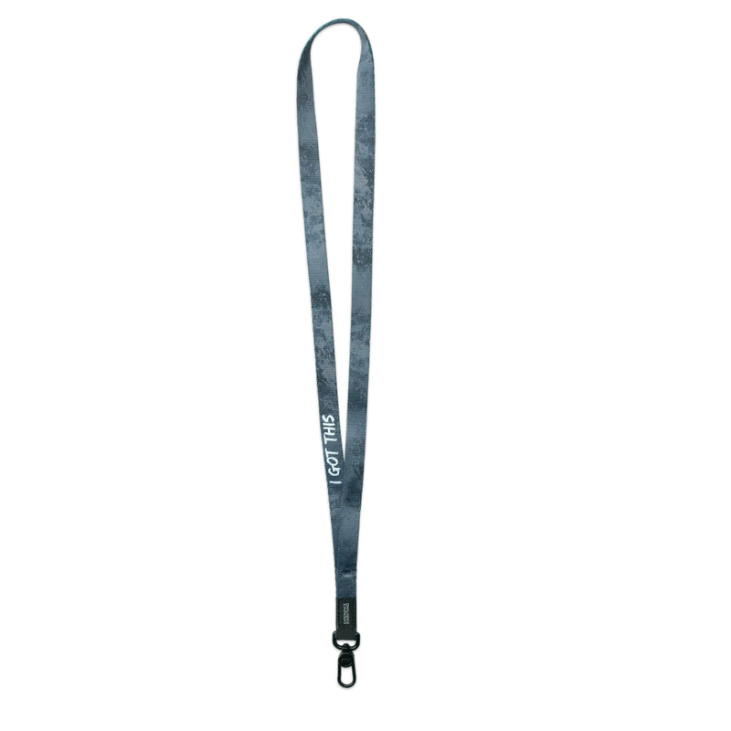 A product image of a ZOX lanyard showing the back of the design with a black colored metal clip. The lanyard is called and says I Got This and the design is a grayscale version of the front design which is a sort of paint splatter