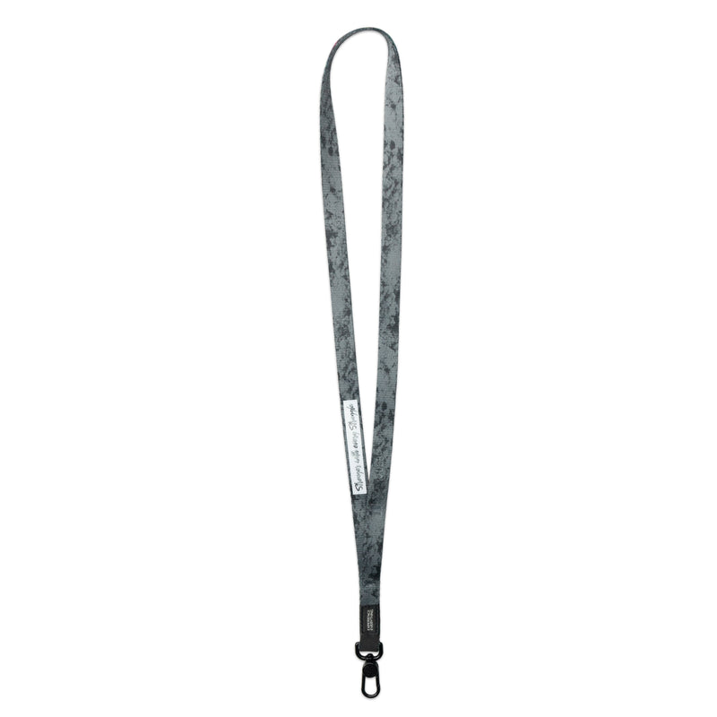 A product image of a ZOX lanyard showing the back of the design with a black colored metal clip. The lanyard is called and says Stronger With Every Struggle and the design is a grayscale version of the front design which is a coral reef