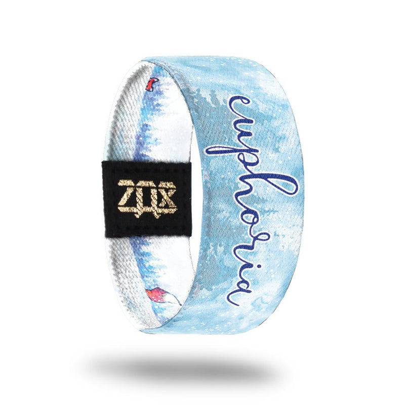 Inside design for Euphoria. Light blue background with light grey trees and Euphoria in blue text at the center