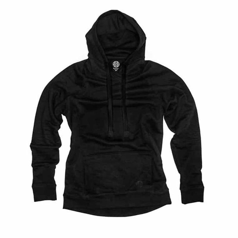 This is an image of a black pullover  Imperial hoodie that has black interchangeable strings going through the hood