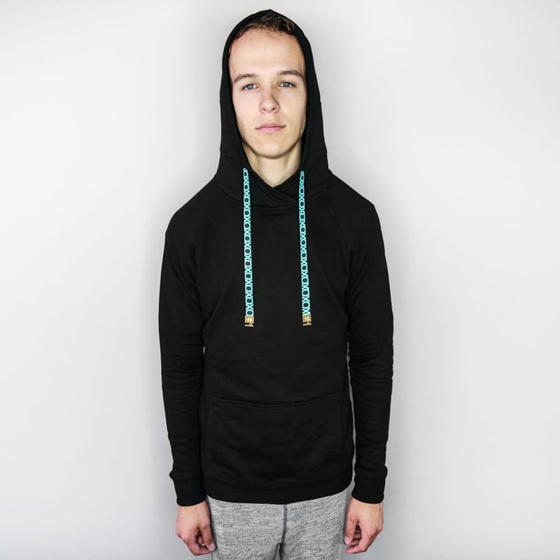 a photo of a young adult male wearing a black  Imperial hoodie with the hood on. You can see he has changed the string to be a different design