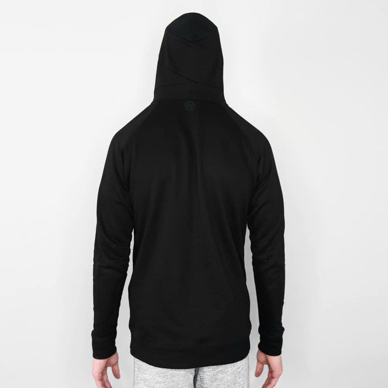 a back view photo of a young adult male wearing a black Imperial hoodie