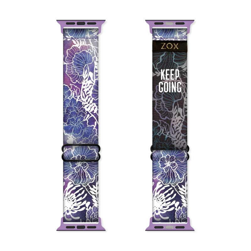 Watchband with various purple flowers, trimmed in white lines. The inside is the same and says Keep Going. Check size guide for compatible watches. 