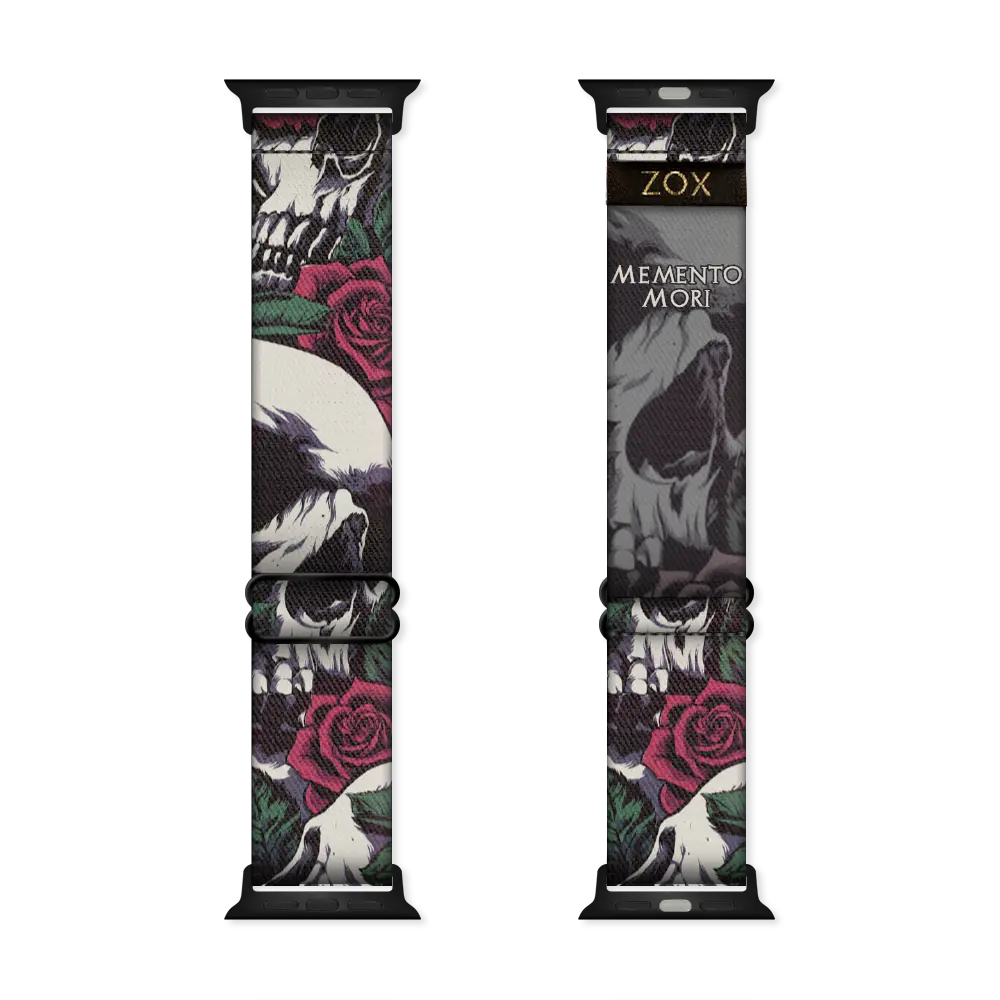 Watchband has a black base and is grunge looking. It has a design of white and grey skulls up close with roses and leaves. The inside is the same and reads Memento Mori. Check out size guide for compatible watches. 