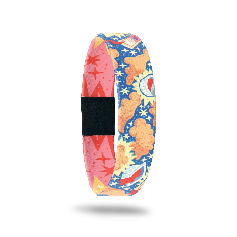 Wristband single with a blue base. The deisign on top is dino nuggets all over with packs of opened ketchup and yellow stars. The inside is a red and pink design of stars and sunbursts and reads Nugs 'N Kisses. This comes with a matching lapel pin and collector's box.