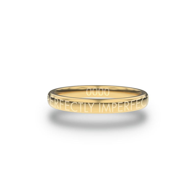 Front design of Perfectly Imperfect gold ring with sketched in text ‘Perfectly Imperfect’