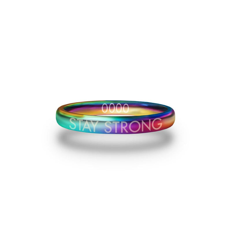 Front design of Stay Strong multicolor ring with sketched in text ’Stay Strong’