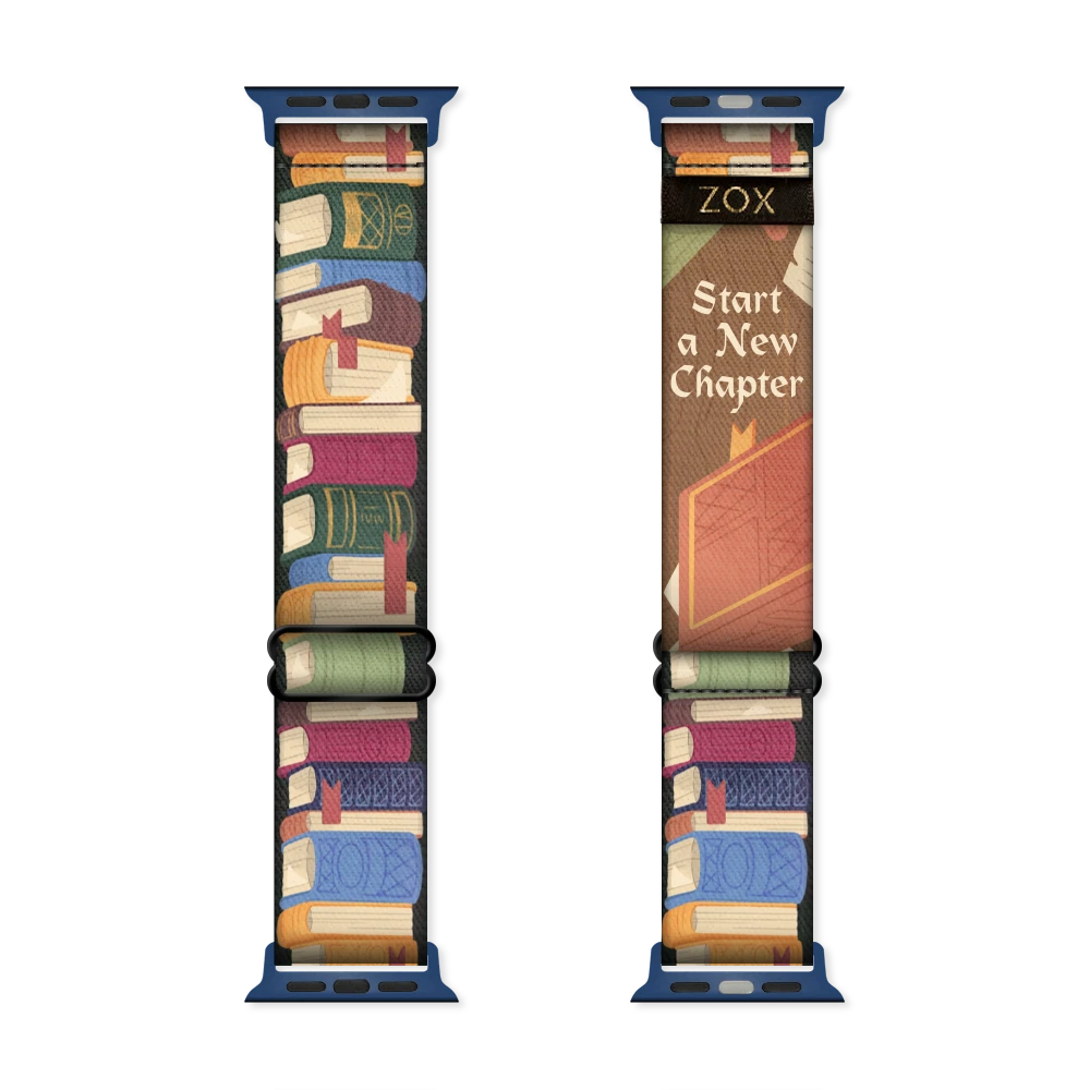 Watchband with muted colored books lining the book shelf. Inside reads Start A New Chapter. 