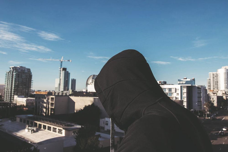 This is an image of a person from the side wearing the zipper Imperial Hoodie with the hood up looking at a skyline