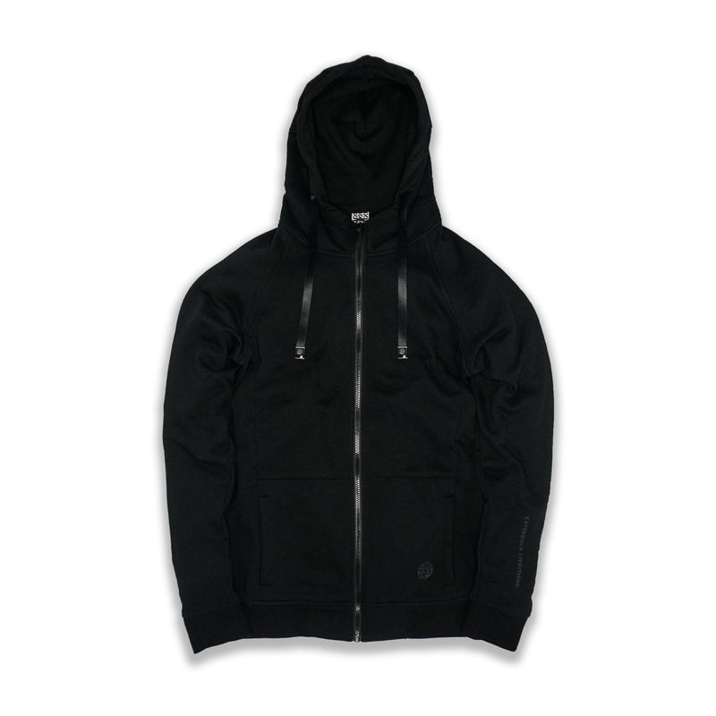 This is an image of a black zipper  Imperial hoodie that has black interchangeable strings going through the hood