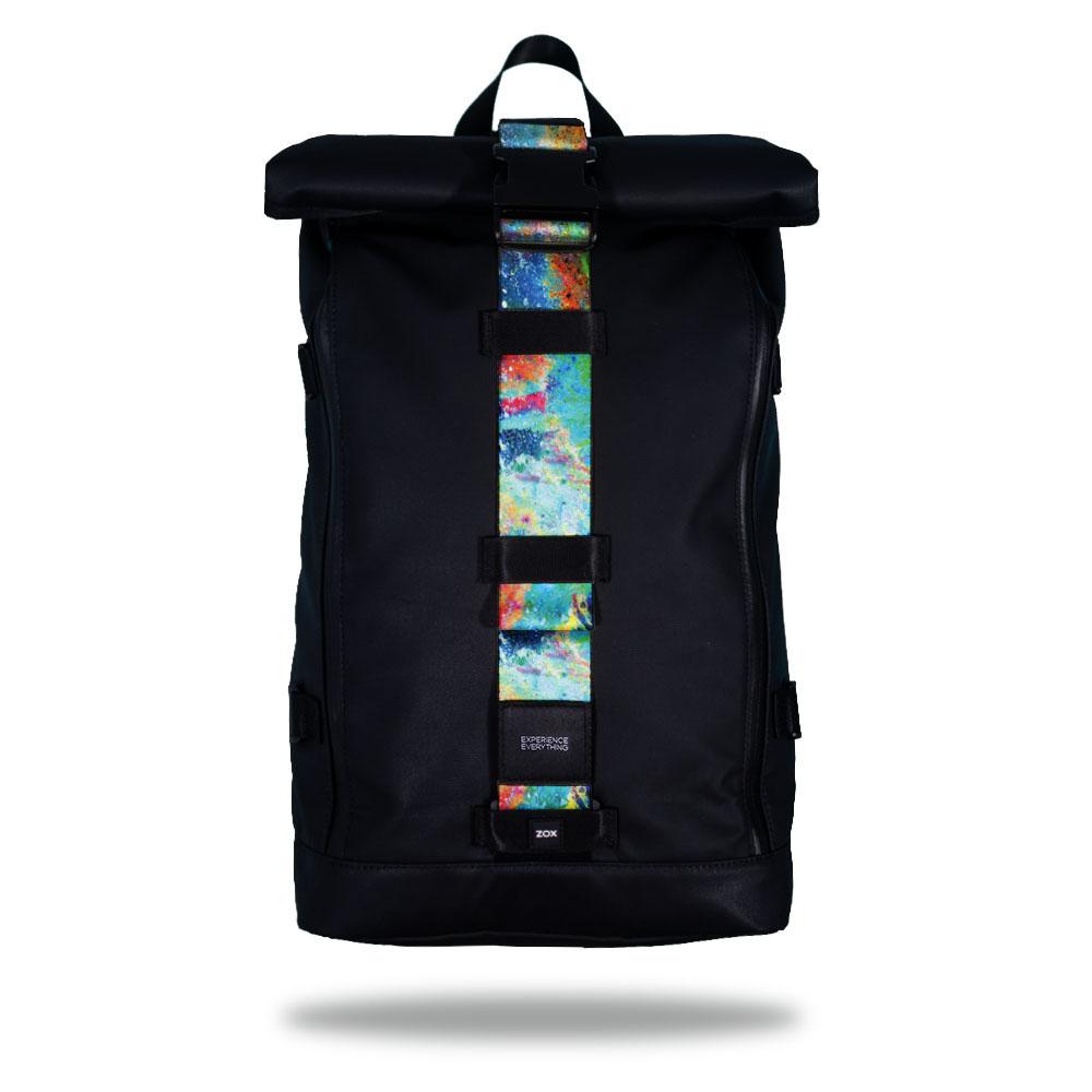 Product image of an Imperial backpack showing a wide strap down the center of it that is interchangeable. The closure strap the item that is for sale on this page and is called I Got This and is a paint splatter design that has colors such as different hues of blues, greens, reds, and oranges