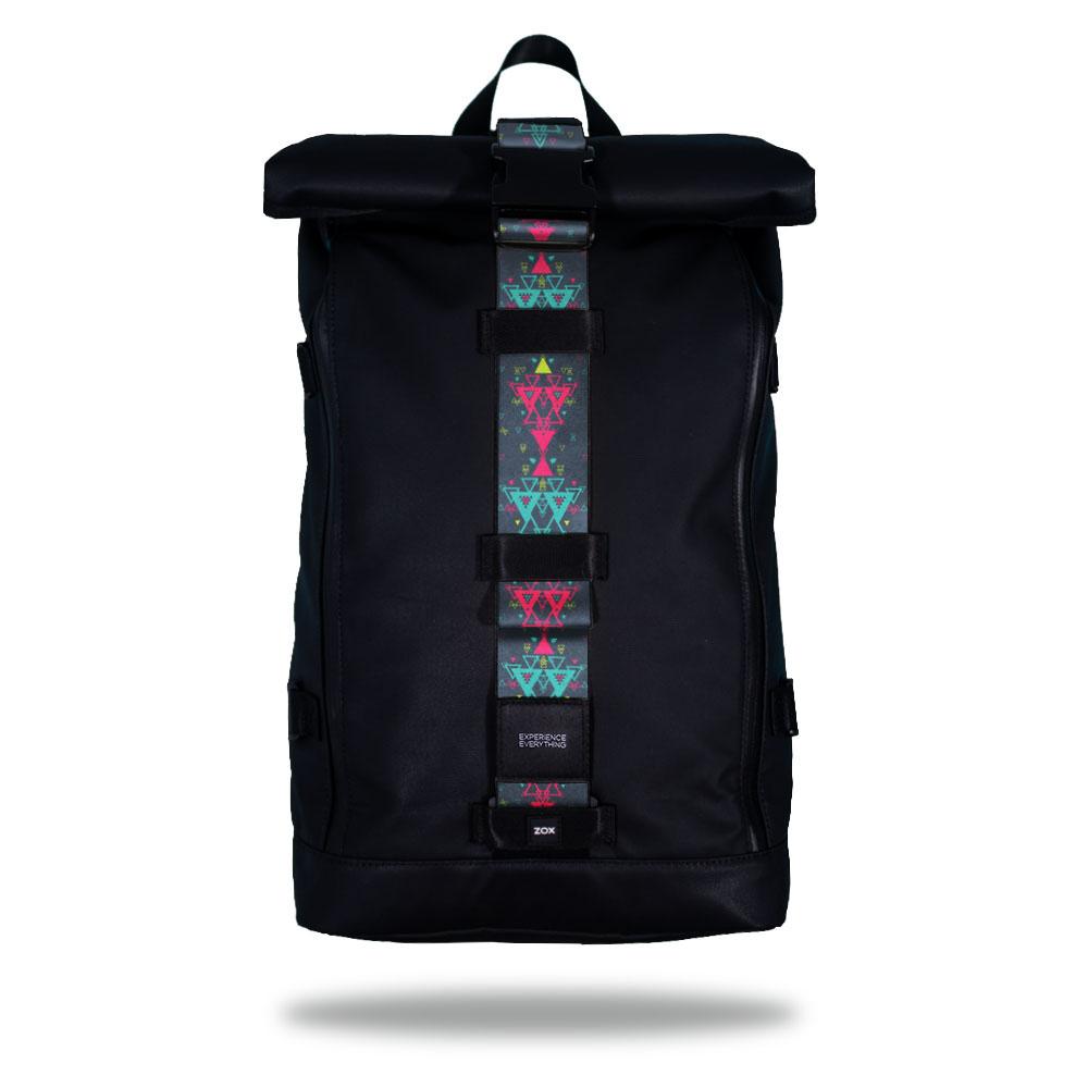 Product image of an Imperial backpack showing a wide strap down the center of it that is interchangeable. The closure strap the item that is for sale on this page and is called Loyal and is a pale blue with pink and lighter blue geometric designs layered on top of it