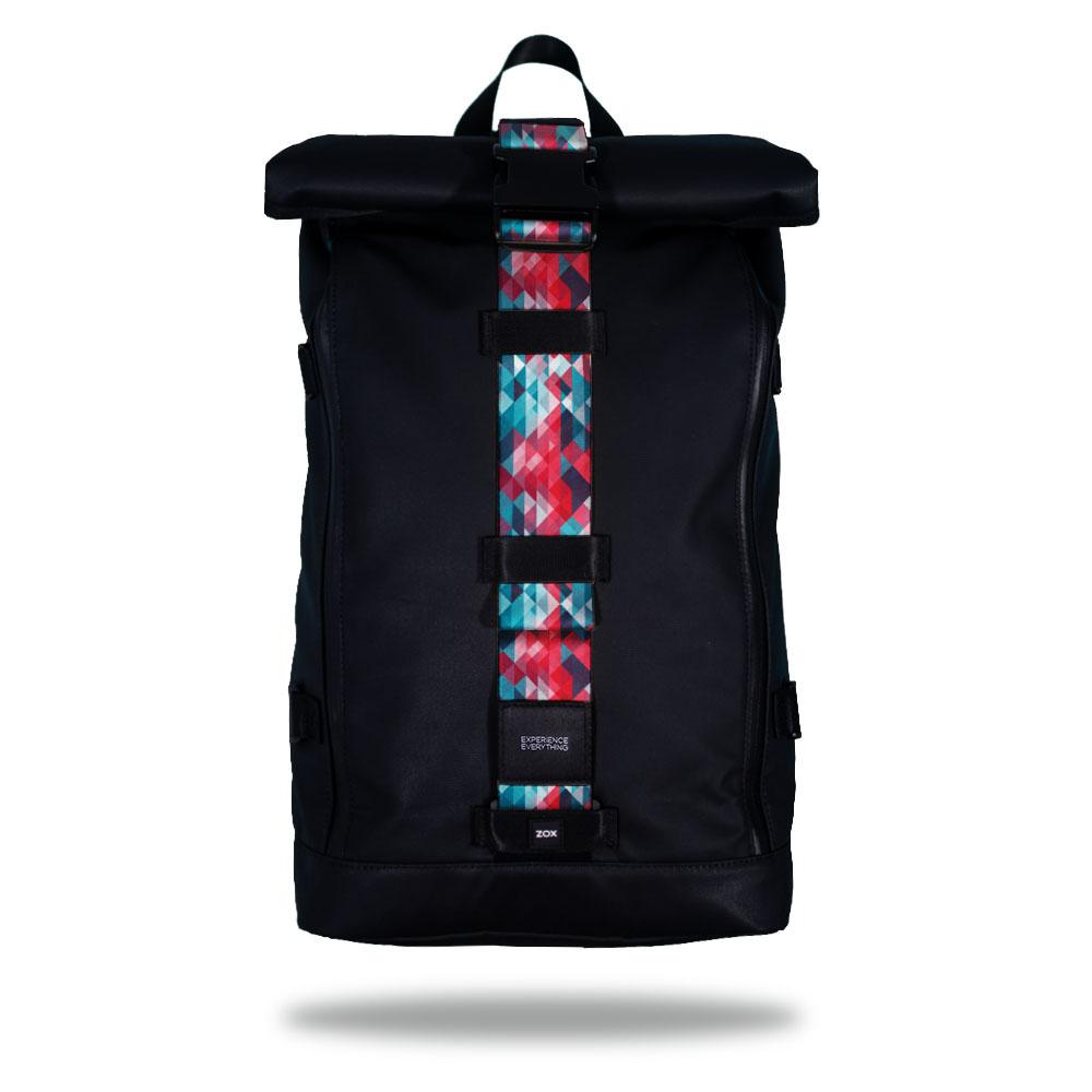 Product image of an Imperial backpack showing a wide strap down the center of it that is interchangeable. The closure strap the item that is for sale on this page and is called Brave and is a light blue, pink, and darker blue triangle geometric pattern