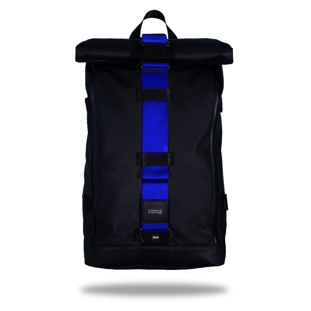 Product image of an Imperial backpack showing a wide strap down the center of it that is interchangeable. The closure strap the item that is for sale on this page and is called Ultraviolet and is a solid bright blue with a purple hue color