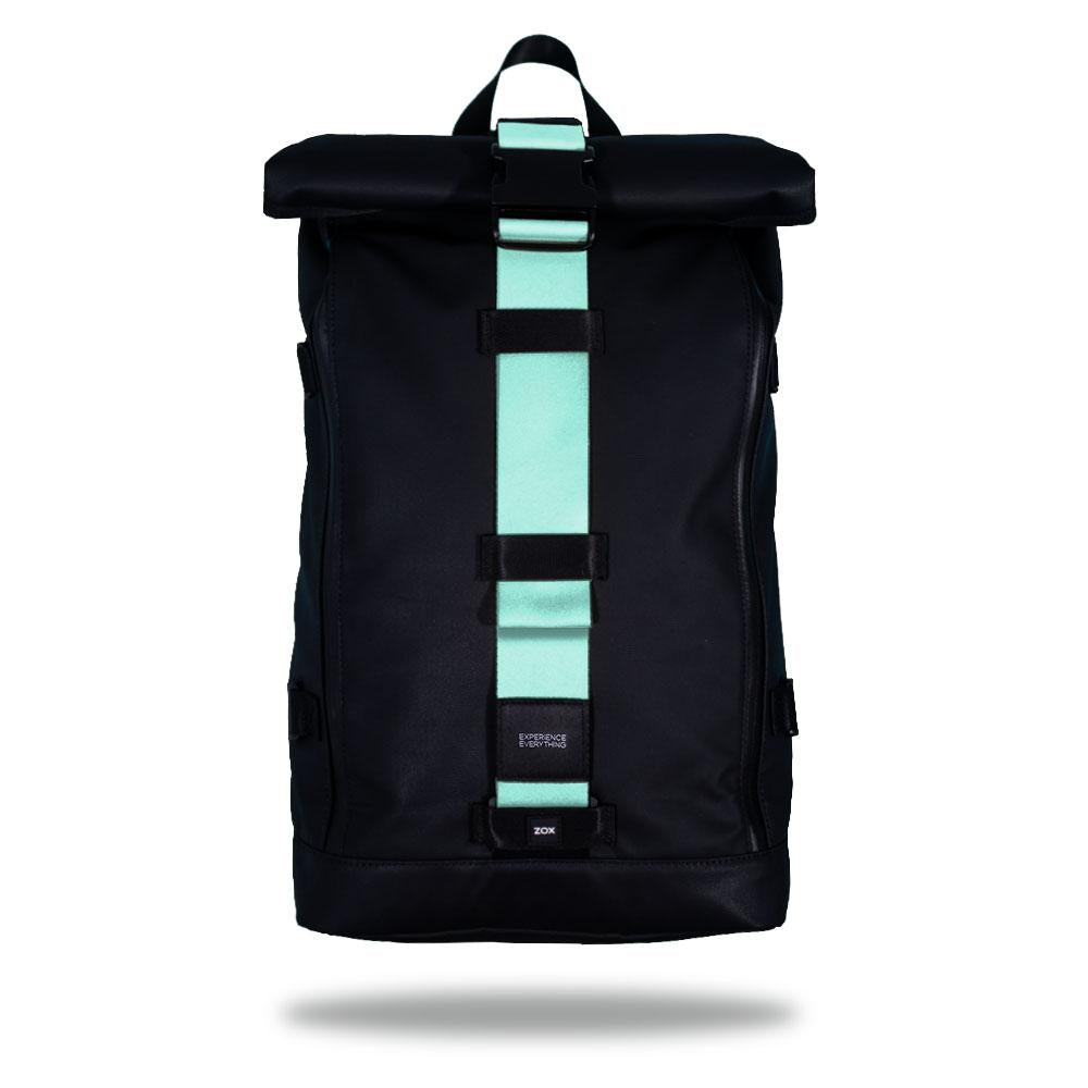Product image of an Imperial backpack showing a wide strap down the center of it that is interchangeable. The closure strap the item that is for sale on this page and is called Seafoam green and is a light green with a blue undertone color