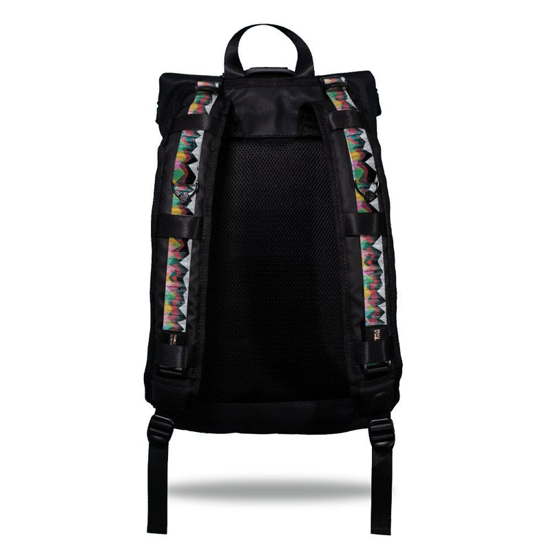 Product image show the back of an Imperial backpack with  two should straps showing with interchangeable straps. The tension strap the item that is for sale on this page and is called Mountains To Molehills and is a geometric mountain range made of triangles with colors such as grey, red, orange, blue, green, and yellow
