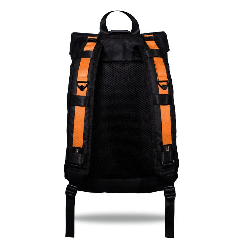 Product image show the back of an Imperial backpack with  two should straps showing with interchangeable straps. The tension strap the item that is for sale on this page and is called Sweet Sunburst and is a solid orange color