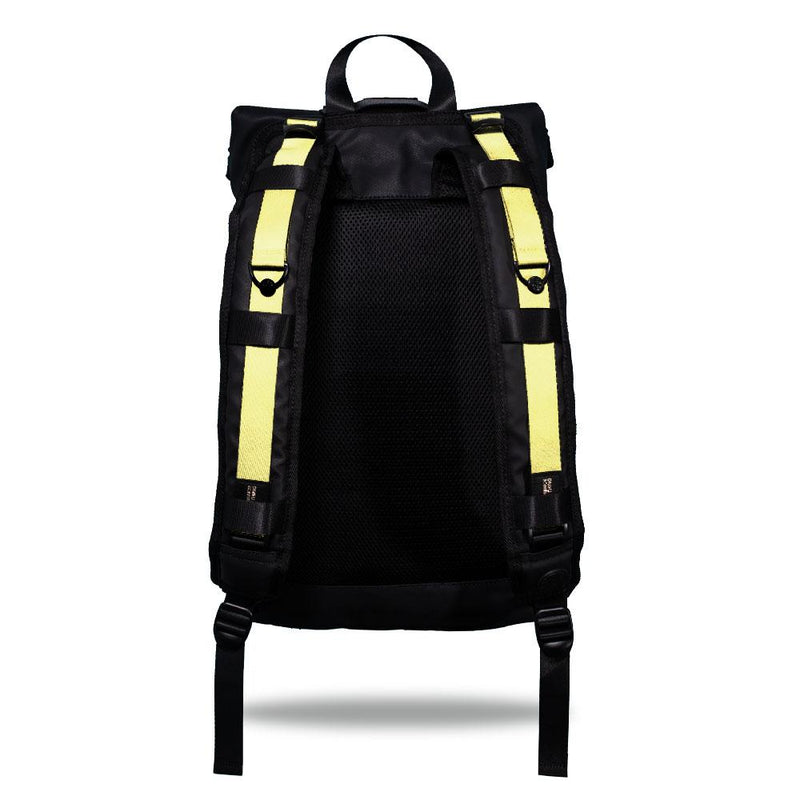 Product image show the back of an Imperial backpack with  two should straps showing with interchangeable straps. The tension strap the item that is for sale on this page and is called Canary Yellow and is a solid light yellow color