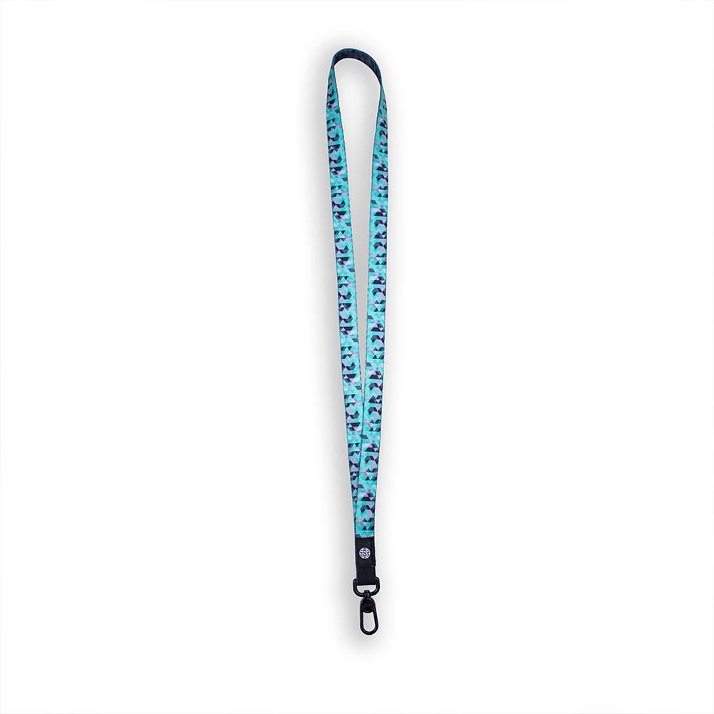 A product image of a ZOX lanyard showing the front of the design with a black colored metal clip. The lanyard is called Alpha and the design is a green black and grey pattern that is a geometric design with smaller square and triangle like shapes 