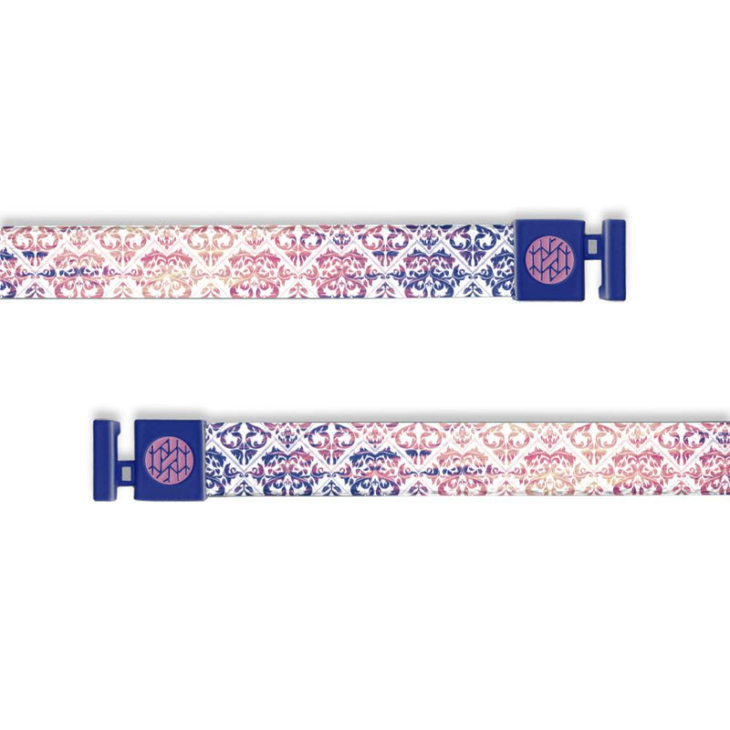 Only compatible with ZOX hoodies. Blue, purple, pink and orange Damask design. Has purple aglets. 