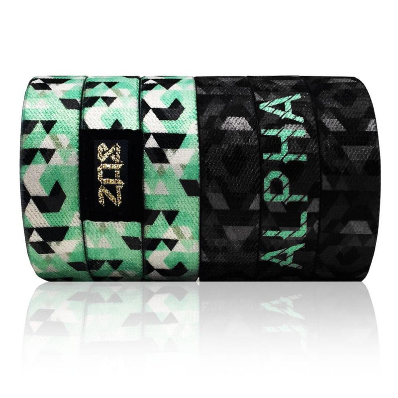 Teal, black and white prism design with black and grey on the inside and reads Alpha. This is a headband, not a bracelet. 