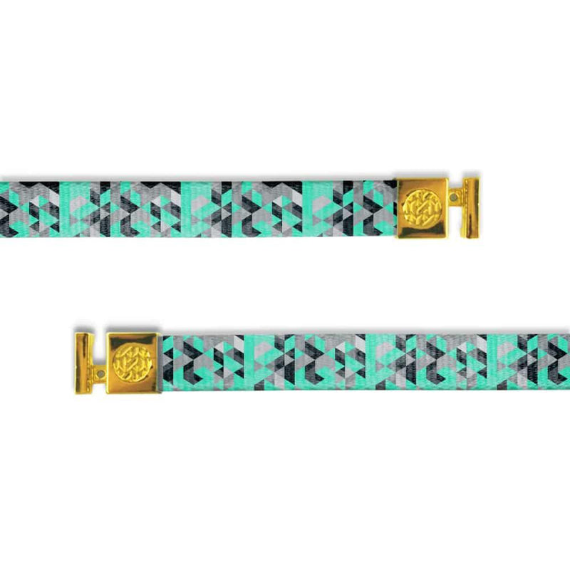 Compatible with ZOX hoodies only. Teal, grey, black and white prism design with gold aglets. 