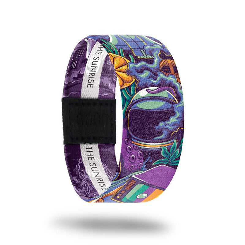 Beat The Sunrise-Sold Out-ZOX - This item is sold out and will not be restocked. Abstract drawing of an astronaut with random items such as old-school TV, octopus, plants, window with flapping curtains, etc. Inside is the same in monochromatic purple and reads Beat The Sunrise. 