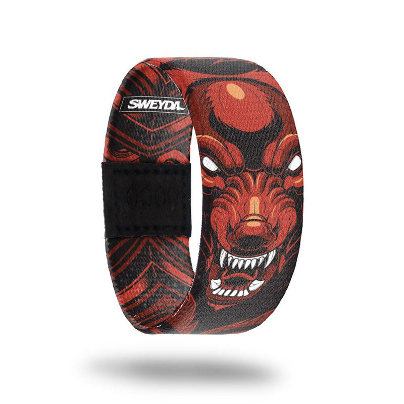 Betrayer-Sold Out-ZOX - This item is sold out and will not be restocked. Black strap with scary red dog looking ferocious and showing teeth. Inside is black and red abstract design and says Betrayer.  