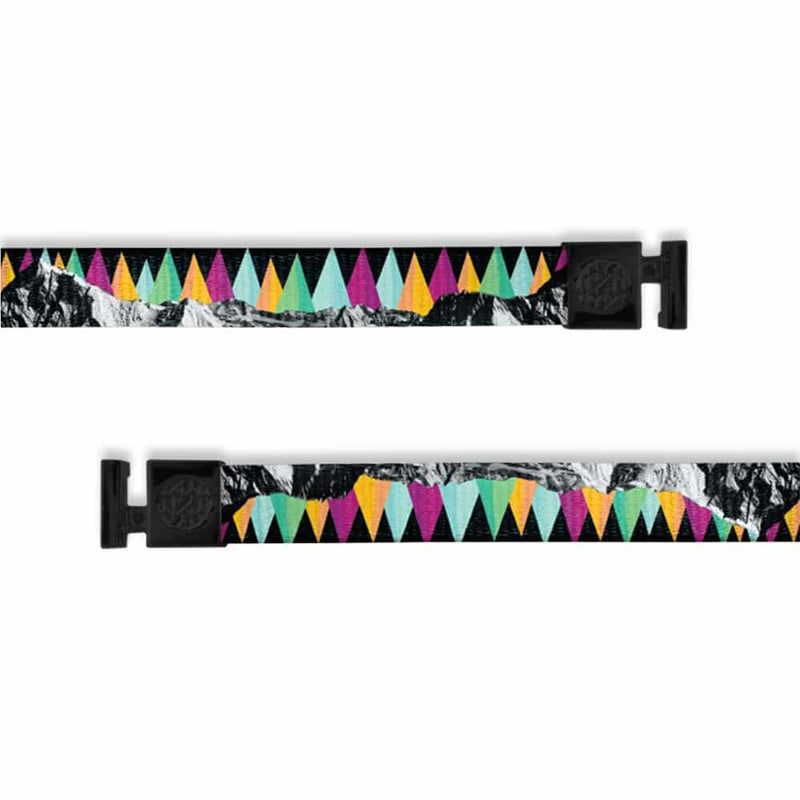 A product image of a wide and flat string with black metal aglets meant to be used with the ZOX hoodie. The string is called Bold and has mountains on it that are black and white with little triangles in the back that are orange, blue, and green