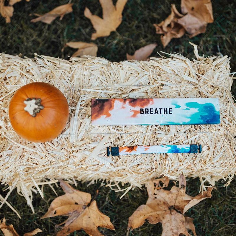 Lifestyle image of Breathe and it's box next to a tiny pumpkin on a hay stack