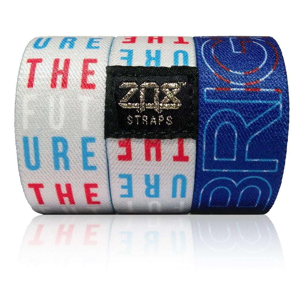 A 3 pack with red, white and blue colors. Two bands read FUTURE down the full length of the band. One is blue and reads BRIGHT in an American Flag outline. 