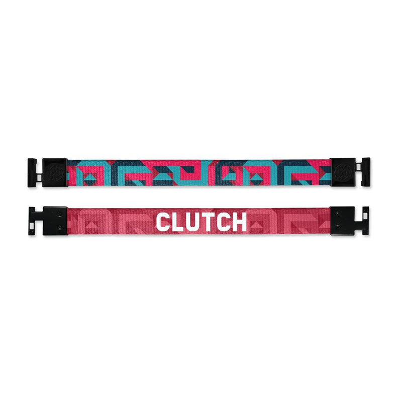 Shows outside and inside design for Clutch imperial with black aglet clasps. Top is outside design with mixed geometric shapes in black, pink-red, and teal. Bottom is the inside design with geometric shapes in light and dark pink with Clutch in white text at the center.  