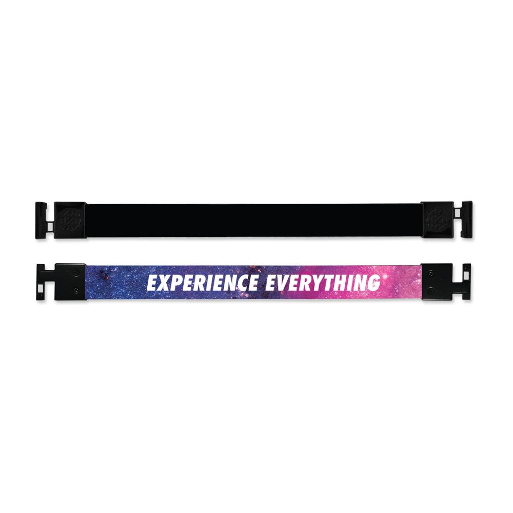 Shows outside and inside design for Experience Everything imperial with black aglet clasps. Top is outside design of plain black. Bottom is inside design with a blended pink and purple space with Experience Everything in white text  