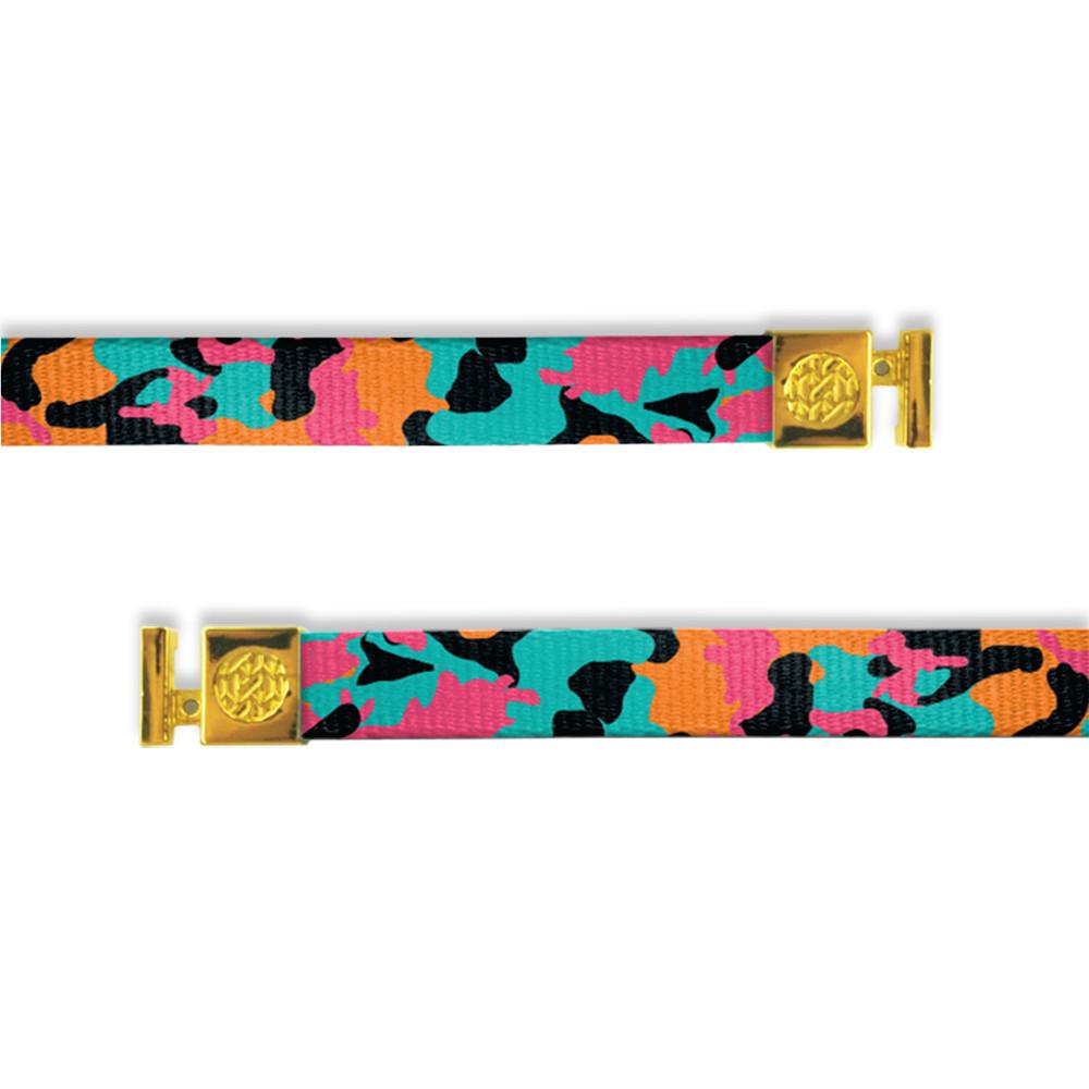 Black, pink, orange and teal camo. Has gold aglets