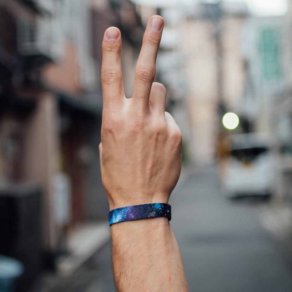 Lifestyle image close up picture on someone giving the hand peace sign and wearing Fighter