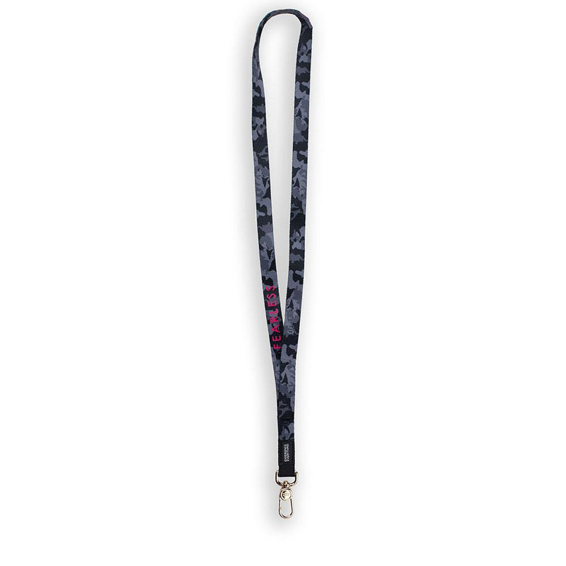A product image of a ZOX lanyard showing the back of the design with a gold colored metal clip. The lanyard is called Fearless and the design is a greyscale version of the front design which is a camouflage design