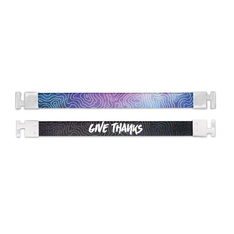 Shows outside and inside design for Give Thanks imperial with white aglet clasps. Top is outside design with a blended blue and purple background with a white lined pattern. Bottom is the inside with a black background with white line pattern and Give Thanks in bold white text
