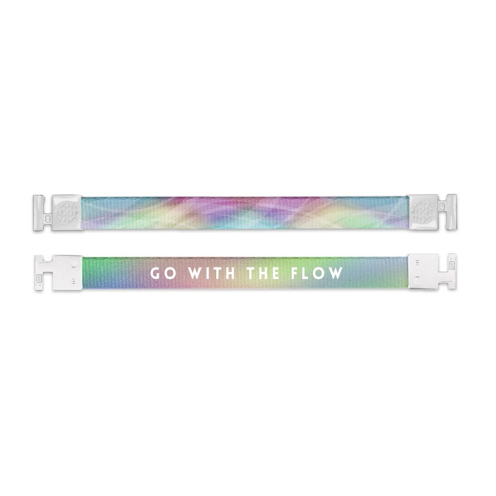 Shows outside and inside design for Go With The Flow imperial with white aglet clasps. Top is the outside design of a colorful blend of light colors. Purple, blue, green, and yellow. Bottom is the inside with the same blend of colors with Go With The Flow in white text at the center