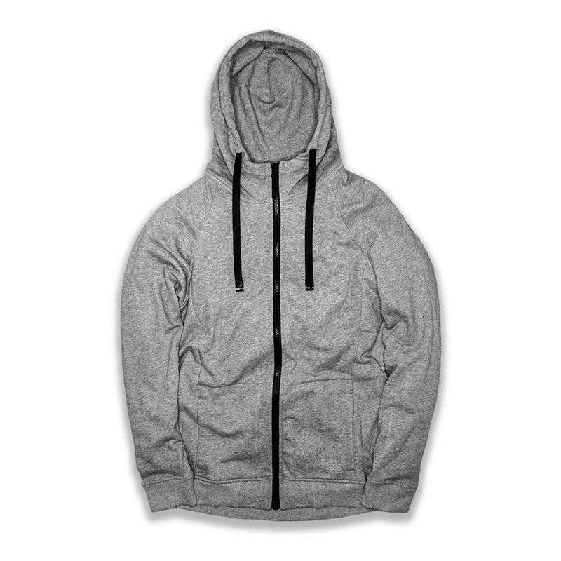 This is an image of a lunar gray zipper  Imperial hoodie that has black interchangeable strings going through the hood