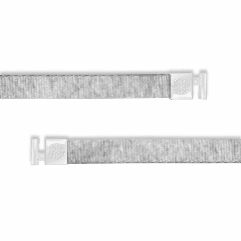 A product image of a wide and flat string with white metal aglets meant to be used with the ZOX hoodie. The string is called Lunar Gray and was made to match a heathered gray hoodie we created