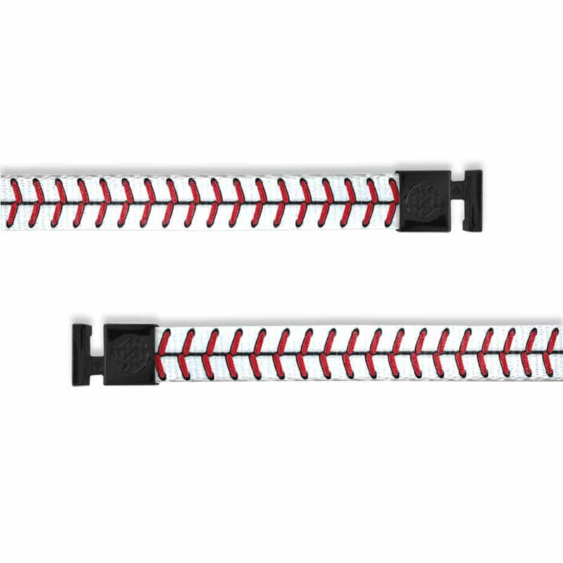 A product image of a wide and flat string with black metal aglets meant to be used with the ZOX hoodie. The string is called Home Run and is white and red to have the same appearance of a baseball