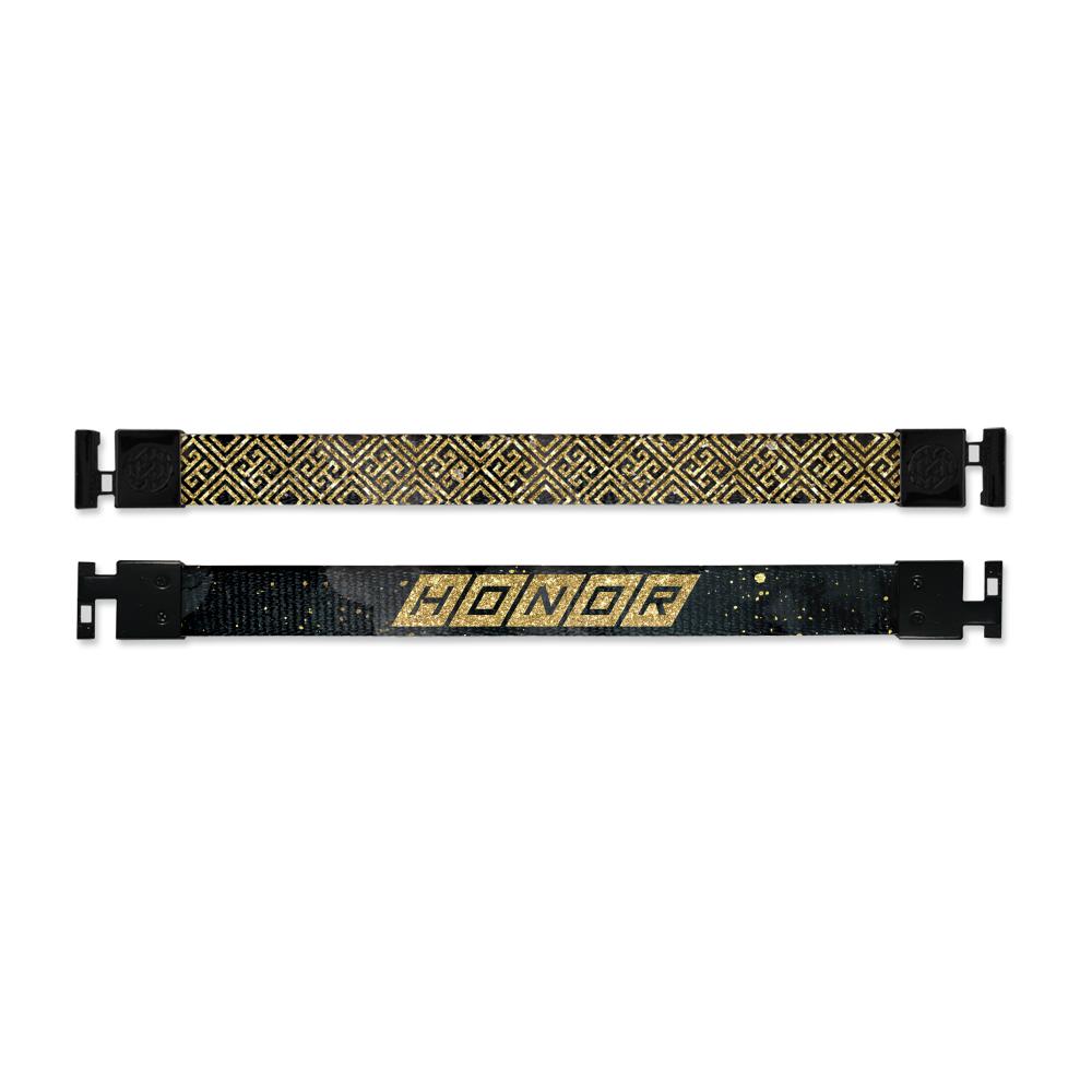  Shows outside and inside design for Honor imperial with black aglet clasps. Top is the outside design black background with gold line shapes. Bottom is inside design with black background and Honor in black text inside gold squares