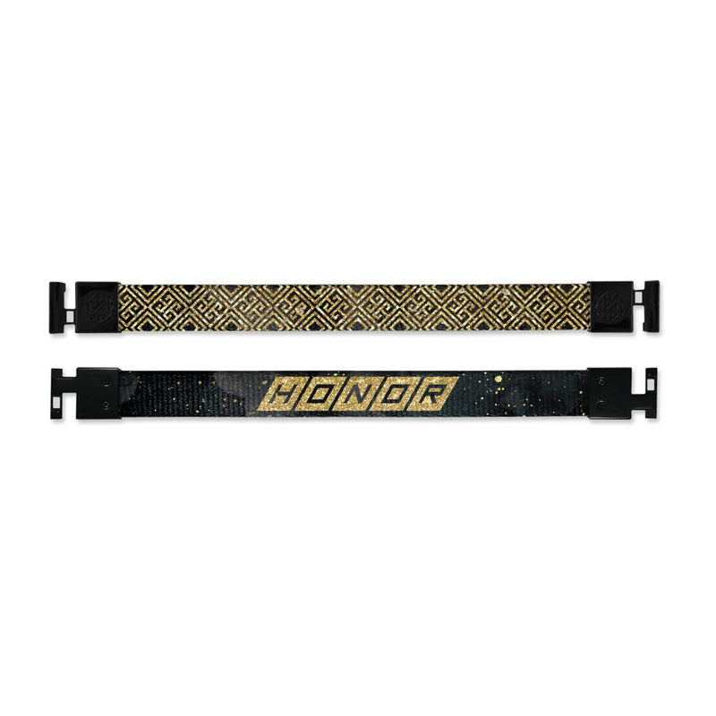  Shows outside and inside design for Honor imperial with black aglet clasps. Top is the outside design black background with gold line shapes. Bottom is inside design with black background and Honor in black text inside gold squares