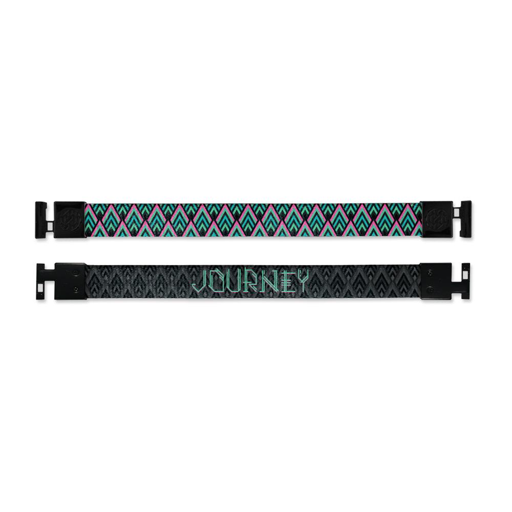Shows outside and inside design for Journey imperial with black aglet clasps. Top is the outside design of layered triangles with lines of black, pink, and teal in them. Bottom is inside design with a black background and Journey centered in teal text.
