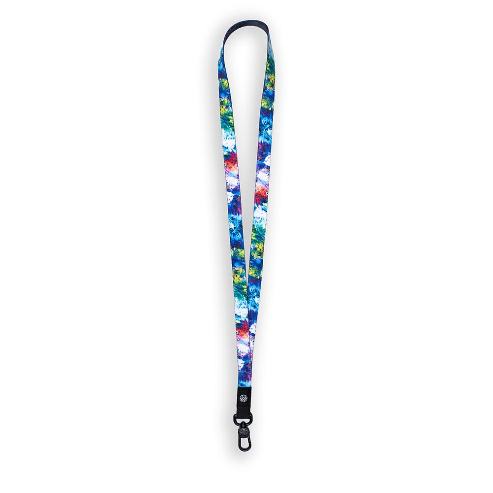 product image of a lanyard showing the outside of the design. It is an abstract design featuring greens, blues, purples, and pinks. It is called My Empire of Dirt