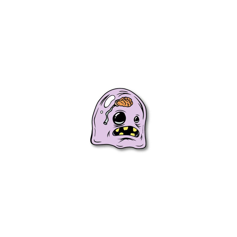 Enamel pin photo of 2020 - Day 19 - Big Brain Brad: light purple monster with a little brain, one eyeball smaller than the other, and five yellow teeth