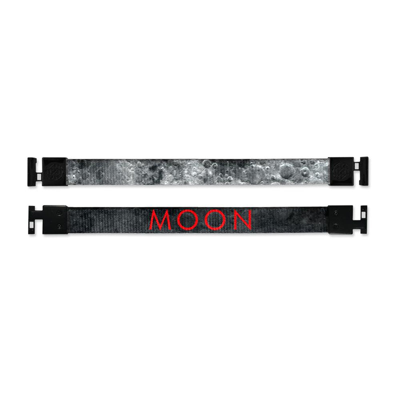 Shows outside and inside design for Moon imperial with black aglet clasps. Top is the outside design of a realistic grey image of the moon's surface. The bottom is the inside design with a black background and Moon centered in red text