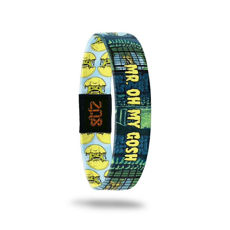 Product photo of the inside of 2020 - Day 1 - Mr. Oh My Gosh: dungeon-like design with yellow 'MR. OH MY GOSH' text