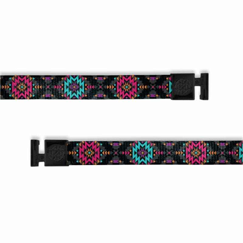 A product image of a wide and flat string with black metal aglets meant to be used with the ZOX hoodie. The string is called Outsider. It is a geometric design that is a black with light blue and pink with small amounts of other colors such as orange. 